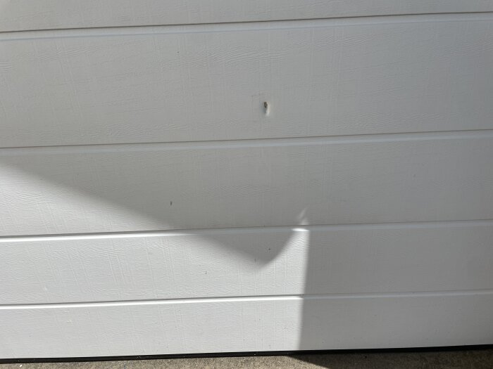 Hål i en vit Hörman garageport orsakat av en båtmotor.