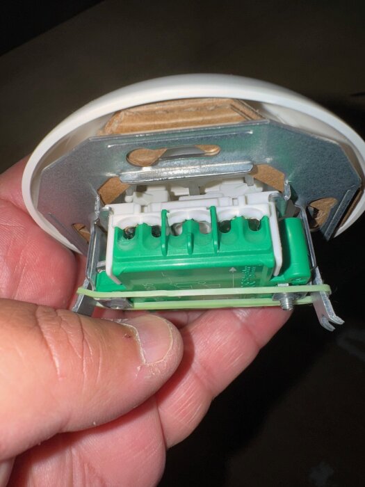 Närbild av en strömbrytare från Schneiders renova-serie, hålls i handen, med synlig grön terminal där en sladd ska anslutas.