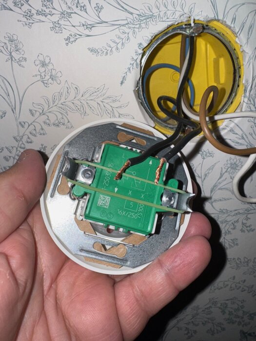 Närbild av en hand som håller en strömbrytare från Schneiders renova-serie, med synliga kablar och eluttag i bakgrunden.