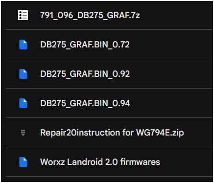 Filer på Google Drive inklusive firmware och instruktioner för Worx Landroid robotgräsklippare.