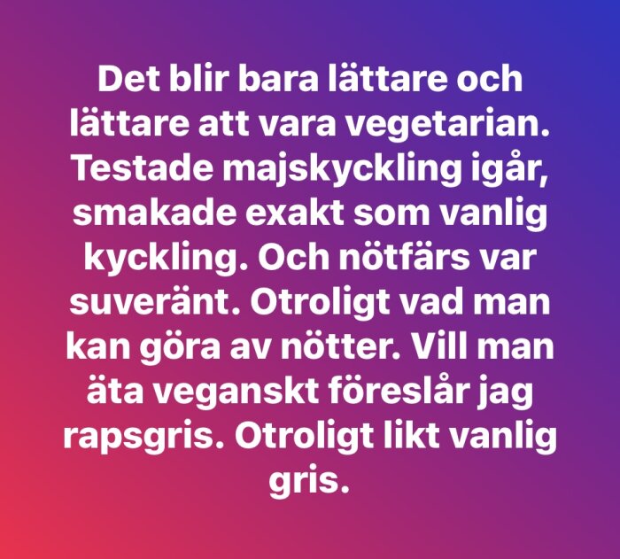 Text om vegetarisk kost på färgglad bakgrund.