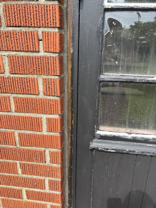 Röd tegelvägg intill svart trädörr med glasruta som delvis speglar en trädgård.