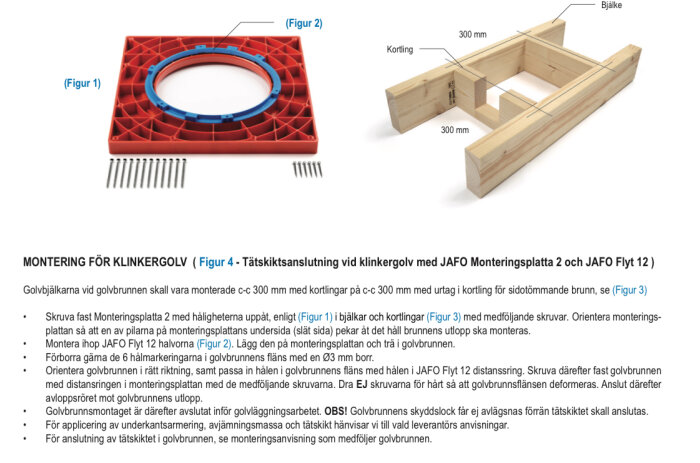 Vägledning för montering av golvbrunn i klinkergolv med illustrationer av montering på träbalkar och detaljerade monteringsinstruktioner.