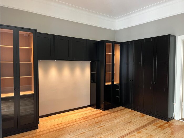 Exklusiv förvaringslösning med svarta garderober och hyllor, glasdörrar, LED-belysning och träinredning mot en ljus vägg.