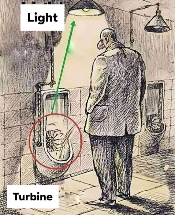 Man vid pissoar med inbyggd turbin som lyser upp lampa, med texten "Light" och "Turbine".