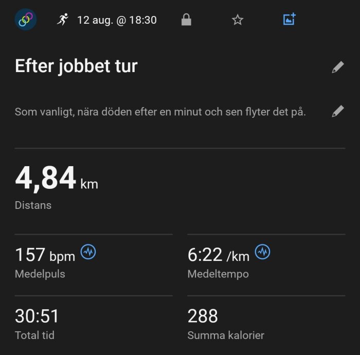 Löprapport för 4,84 km med tid 30:51, medeltempo 6:22/km och medelpuls 157 bpm. Totala kalorier 288. Datum 12 augusti kl 18:30.