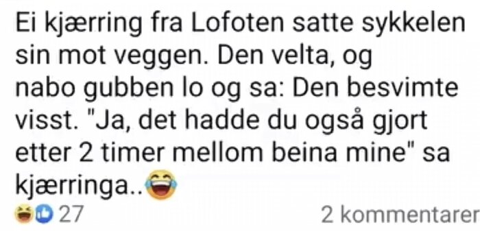 En skÀrmdump av text dÀr en kÀring frÄn Lofoten skÀmtar om en cykel som fallit mot vÀggen.