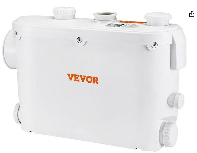 Vit avloppspump från VEVOR med flera vattenintag och utgångar, främst avsedd för duschvatten och avloppssystem.