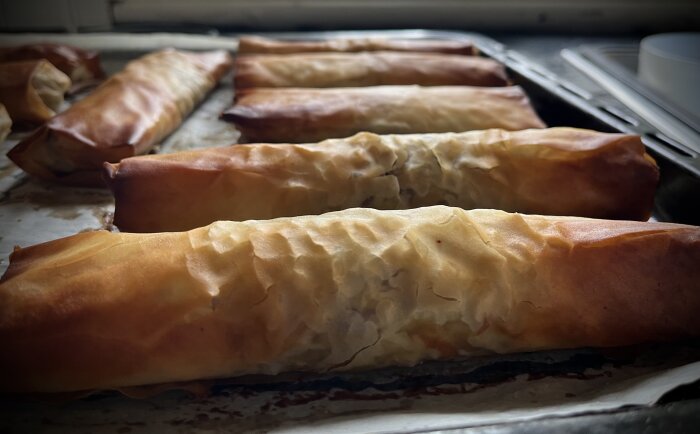 Hemlagade vårrullar i filodeg, gyllenbruna och krispiga, ligger på en plåt efter gräddning.