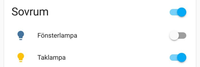 Sovrumslampor med symboler och reglage: Fönsterlampa avstängd, Taklampa påslagen.