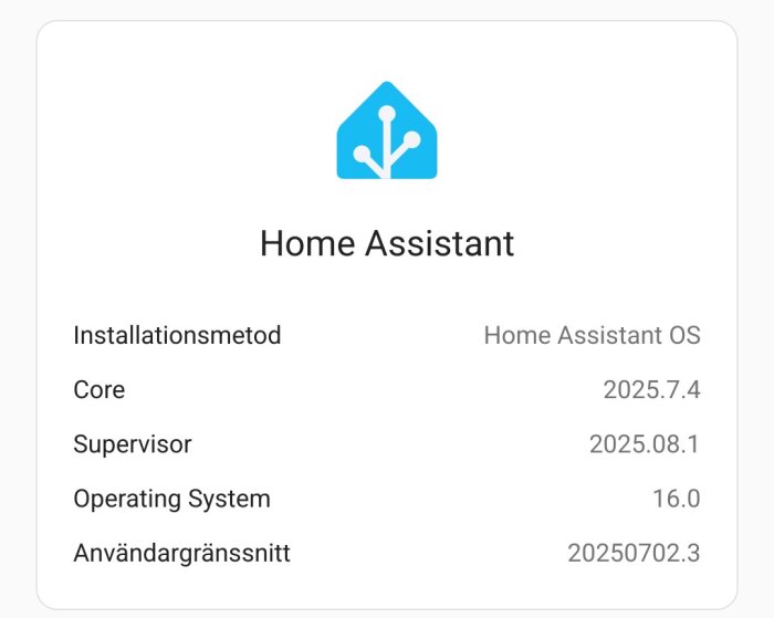 Home Assistant OS-info: Installationsmetod, Core 2025.7.4, Supervisor 2025.08.1, OS 16.0, Användargränssnitt 20250702.3.