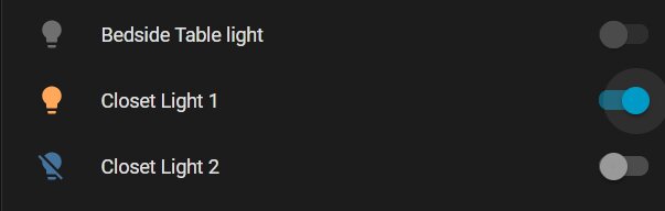 Lista över lampor med strömbrytare: Bedside Table light avstängd, Closet Light 1 påslagen, Closet Light 2 avstängd.
