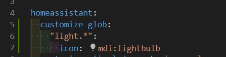 Kodavsnitt för Home Assistant-konfiguration visar anpassning av ljusikoner med "mdi:lightbulb".