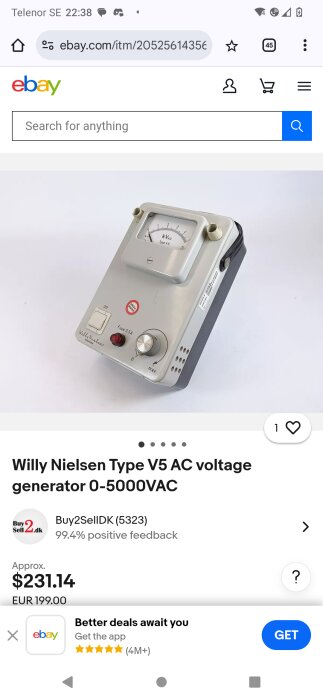 Willy Nielsen Type V5 växelspänningsgenerator 0-5000VAC med mätare och reglage, annonserad på eBay.