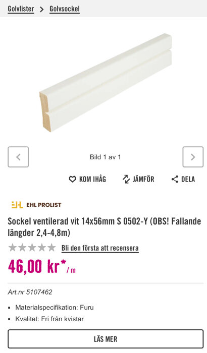 Vit ventilerad golvsockel i trä, 14x56mm, S 0502-Y, utan kvistar, fallande längder 2,4-4,8 m.
