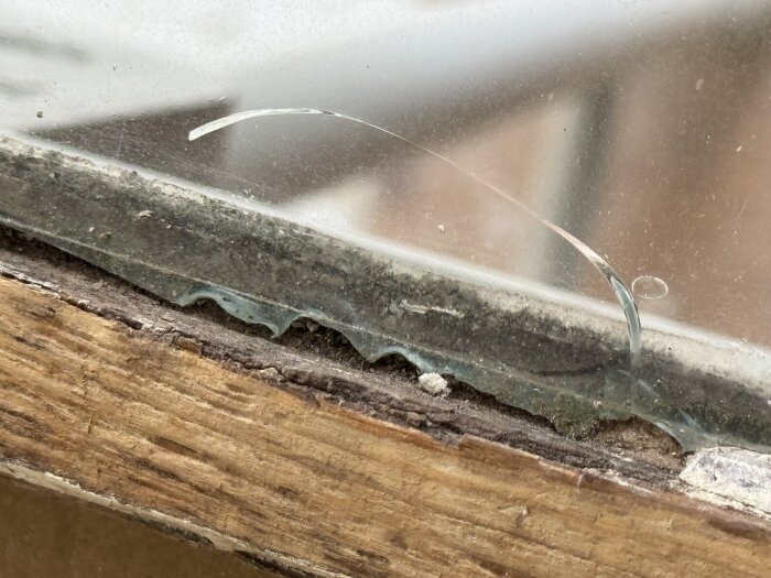 Närbild av sprucken fönsterruta, glaset lossnar från träkarmen vid kittet, med synliga repor och gamla kittrester.