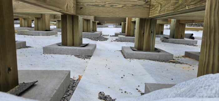Träreglar monterade på betongblock, del av ett tralldäck under konstruktion. Regelkonstruktion utan dubbelreglar med stöd på sidorna.