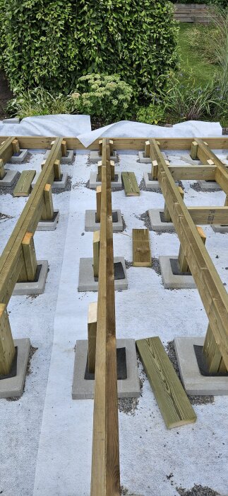 Träramar och stöd på betongplattor för en trädäckkonstruktion, omgivna av grönska i en trädgård.