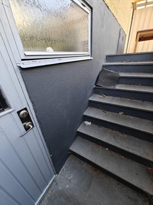 Grå trappa utomhus med källardörr och fönster i bakgrunden. Trappan har löv och skräp, med en matta över en av trappstegen.