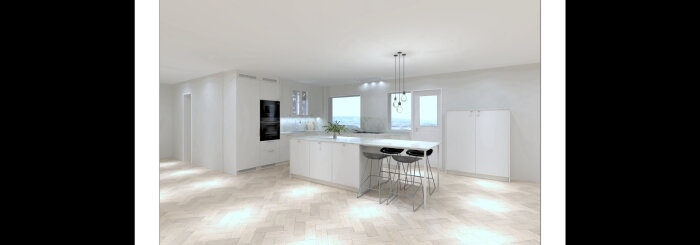 Modernt kök med ljusa väggar, öppen planlösning och köksö i marmor. Tre svarta barstolar under hängande lampor.