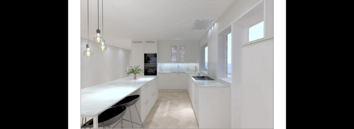 Modernt kök med vita skåp, ljusa stenskivor och inbyggda apparater, med takhängda lampor och stolar vid en köksö.