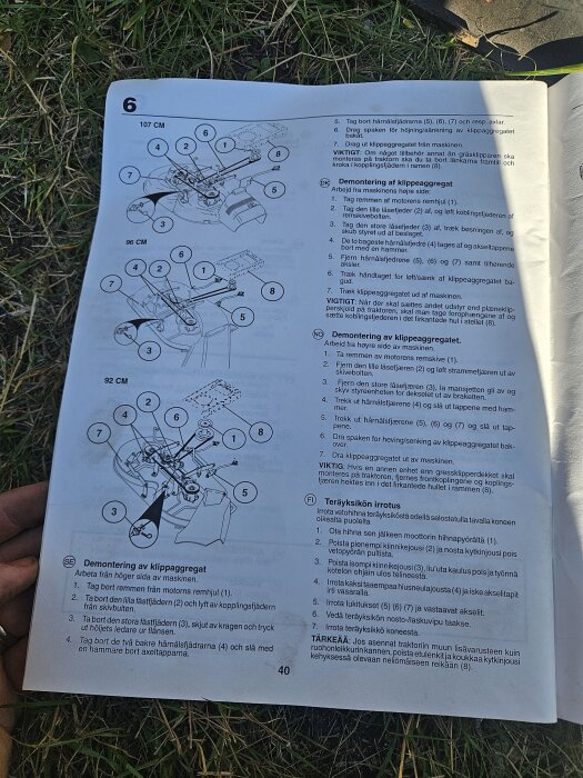 Manual med sprängskiss och instruktioner för demontering av klippaggregat till åkgräsklippare Partner Electrolux P1192 på gräsmatta.