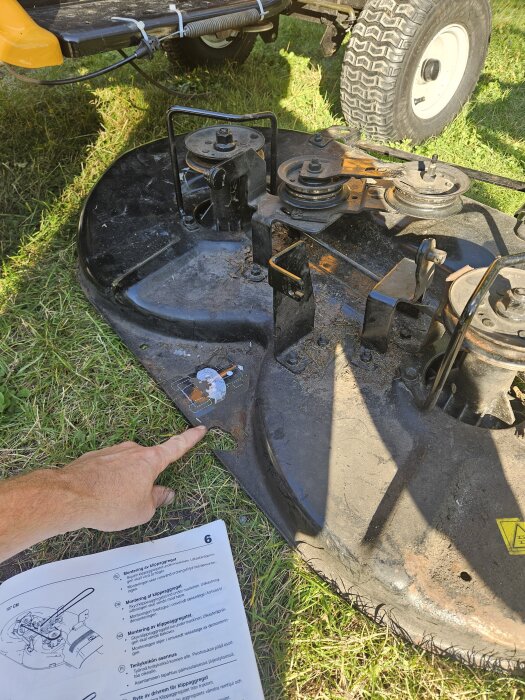 Åkgräsklipparens klippaggregat, med en hand som pekar på en del. En manual syns bredvid på gräsmattan.