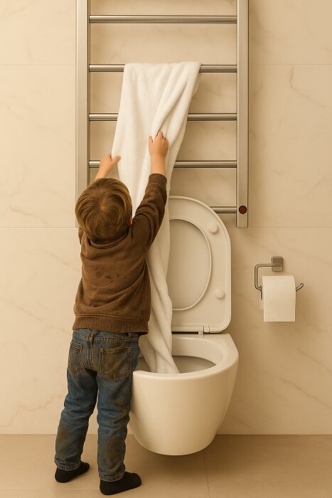 Ett barn hänger upp en vit handduk på en handdukstork bredvid en toalett i ett badrum.