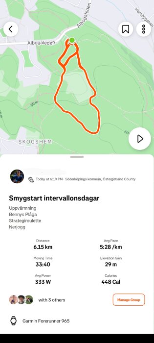Kartvy över en löprunda i Söderköpings kommun, Östergötland, med detaljer om distans, tempo, höjd och kaloriförbrukning.