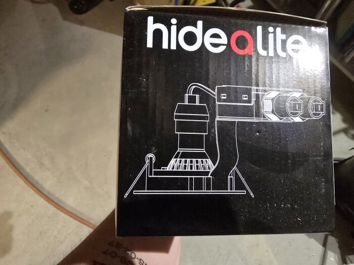 Förpackning av Hide-a-lite ute-sportljus med skiss och varumärkeslogotyp på framsidan.