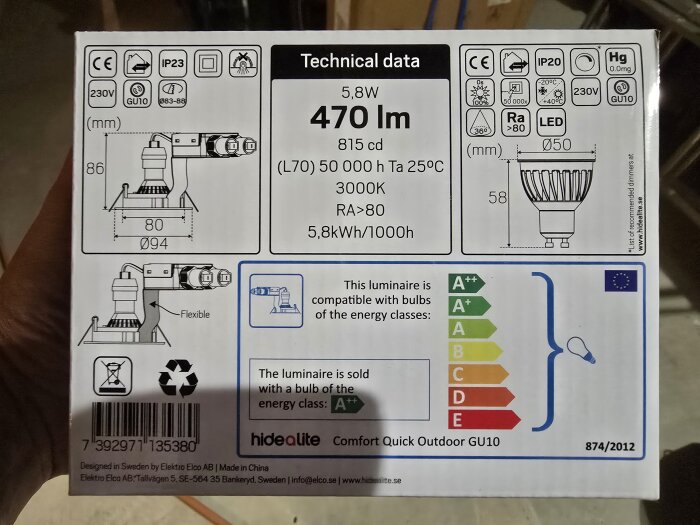 Förpackning med tekniska specifikationer för en Hide-a-light utomhusspot med GU10-sockel, energimärkning och produktinformation.