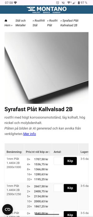 AI-genererad bild av en syrafast, kallvalsad rostfri plåt 2B med specifikationer och priser i en tabell. Text: "Syrafast Plåt Kallvalsad 2B".