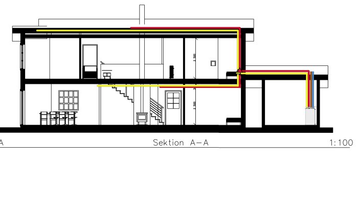 Byggnadsskiss av ventilationssystem med färgade kanaler för inkommande och utgående luft genom ett hus, visad i tvärsnitt.