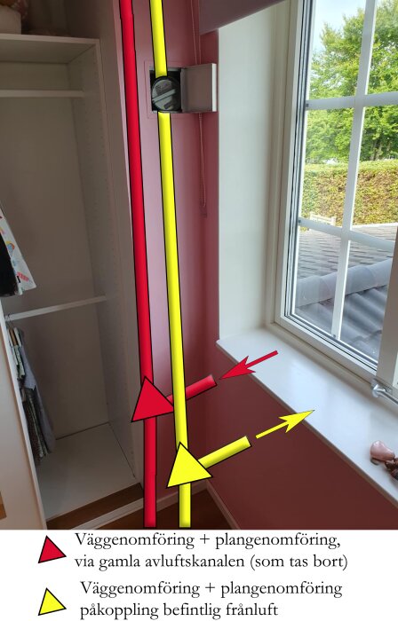 Bild av ett rum med ett fönster och en garderob, visande en skiss över planerade ventilationskanaler i rött och gult med märkningar.