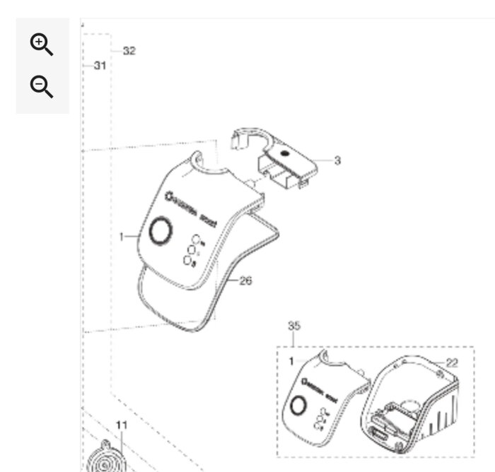 Ritning som visar isärtagna delar av Gardenas Smart Water Control, inklusive kontrollpanel och chassi.