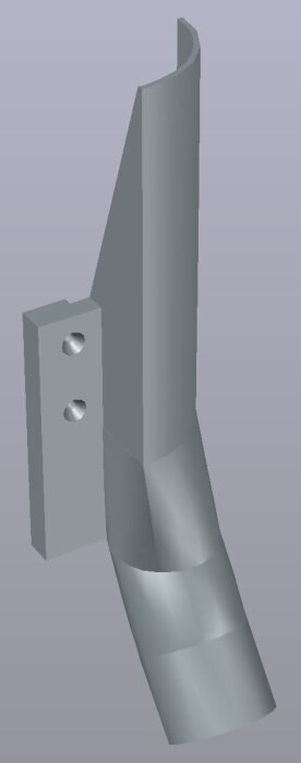 3D-modell av ett egenritat dammsugarmunstycke till en bandsåg, monterad med två skruvar för att minska dammspridning i verkstaden.