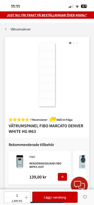 Våtrumspanel Fibo Marcato Denver White HG M63 med rekommenderat tillbehör, rengöringsdukar Fibo Wipes 35 st, visas på e-handelssida.