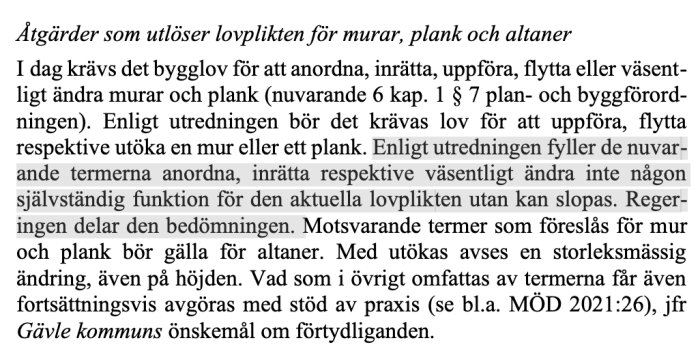 Diagram över regler kring bygglov för murar, plank och altaner, med ny lagtext understruken.