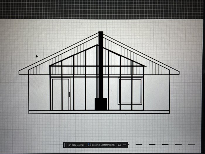 Ritning av planerat orangeri som tillbyggnad, ansluten till putsat tegelhus med träpanel på gavelspetsen, visas med dörrar och fönster.