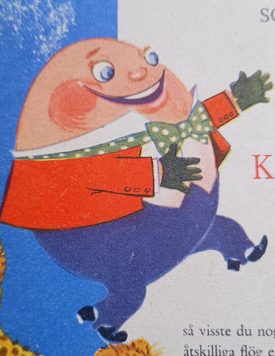 Tecknad figur i röda kläder och prickig fluga från Konsums reklamalbum, illustration från tidningen "Jorden runt" med Per och Lisa, 1955.