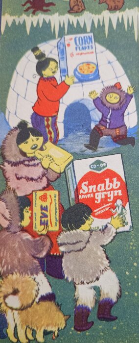 Illustration av barn i vinterkläder som bär Konsums matvarukartonger, inklusive corn flakes och Snabbhavre, framför en igloo, från albumet "Jorden runt" 1955.