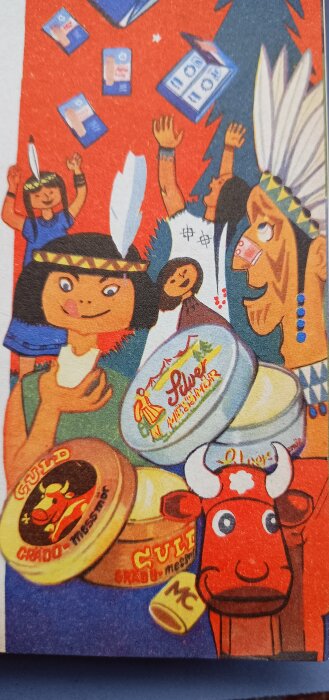 Illustration från 1955 med färgglada figurer, inhemska teman och produkter från Konsum, del av reklam för barn, med texten "Jorden runt med Per och Lisa".