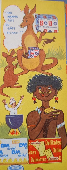 Illustration av kängurur med Jästbolaget-produkter, en afrikansk person med mat och en kock i en gryta, från en tidning 1955.
