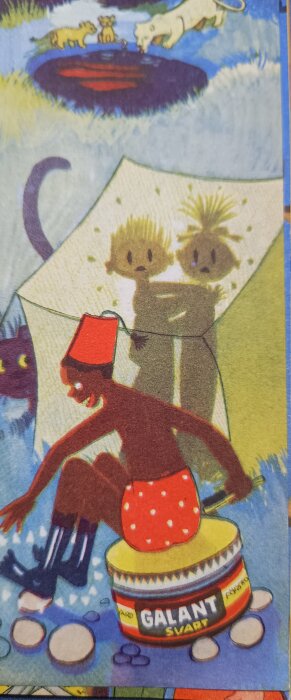 Illustration från tidningen Jorden runt 1955 med barnen Per och Lisa, en figur framför en burk sko-polish, och djur vid en damm.