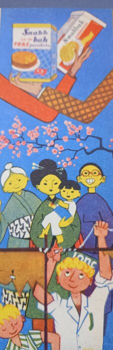 Illustration från 1955 visar familj under körsbärsblom, med två barn och vuxna, plus reklam för Konsums bakprodukter på förpackningar.