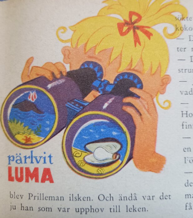 Illustration av ett barn med kikare, en vulkan och pärla syns i linserna, från tidningen Jorden runt med Per och Lisa, 1955.