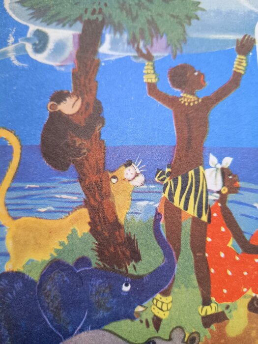 Illustration från 1955 med djungeldjur och två barn vid ett träd med hav i bakgrunden.