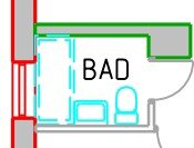 Planlösning av badrum med dusch och toalett, visar borttagning av badkar och framtida renovering med stambyte, helkaklade väggar och plastmatta.
