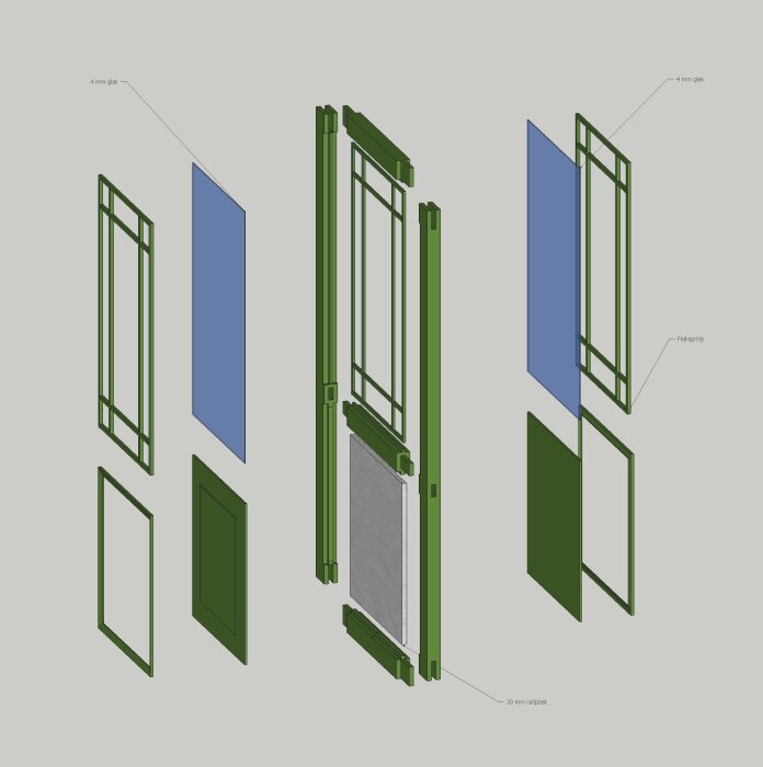 Exploderad ritning av ytterdörrkonstruktion med detaljer om 4 mm glas, fuskspröjs och 20 mm cellplast, visar ram och spegelns placering.