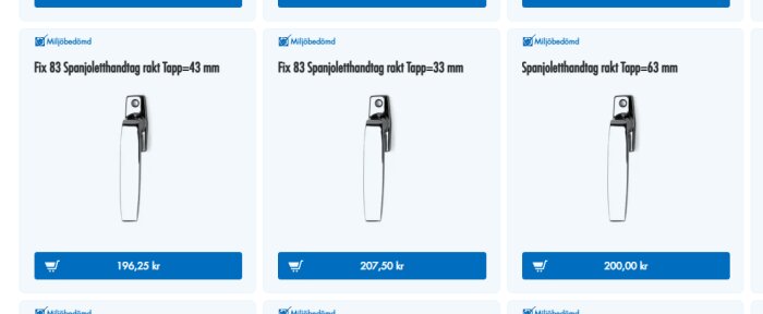 Fix 83 spanjolett-handtag av olika storlekar och priser, miljöbedömda.